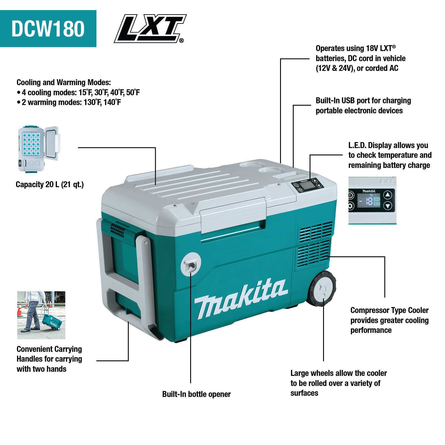 MAKITA 18V X2 LXT® Lithium‑Ion, 12V/24V DC Auto, and AC Cooler/Warmer - Image 2